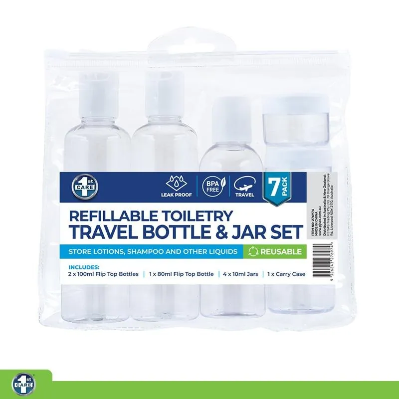 Refillable Toiletry Travel Bottle & Jar Set 7pc with PVC Resealable Bag - Includes: 2x 100ml Flip Top Bottles, 1x 80ml Flip Top Bottle, 4x 10ml Jars & Carry Case – image 4