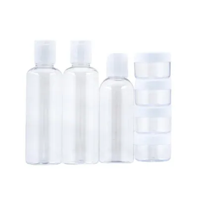 Refillable Toiletry Travel Bottle & Jar Set 7pc with PVC Resealable Bag - Includes: 2x 100ml Flip Top Bottles, 1x 80ml Flip Top Bottle, 4x 10ml Jars & Carry Case