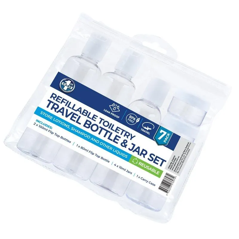 Refillable Toiletry Travel Bottle & Jar Set 7pc with PVC Resealable Bag - Includes: 2x 100ml Flip Top Bottles, 1x 80ml Flip Top Bottle, 4x 10ml Jars & Carry Case – image 3
