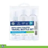 Refillable Toiletry Travel Bottle Set 3pc with Clear Resealable PVC Bag - Includes: 2x 100ml Flip Top, 1x 50ml Spray Bottle, Carry Bag – image 4