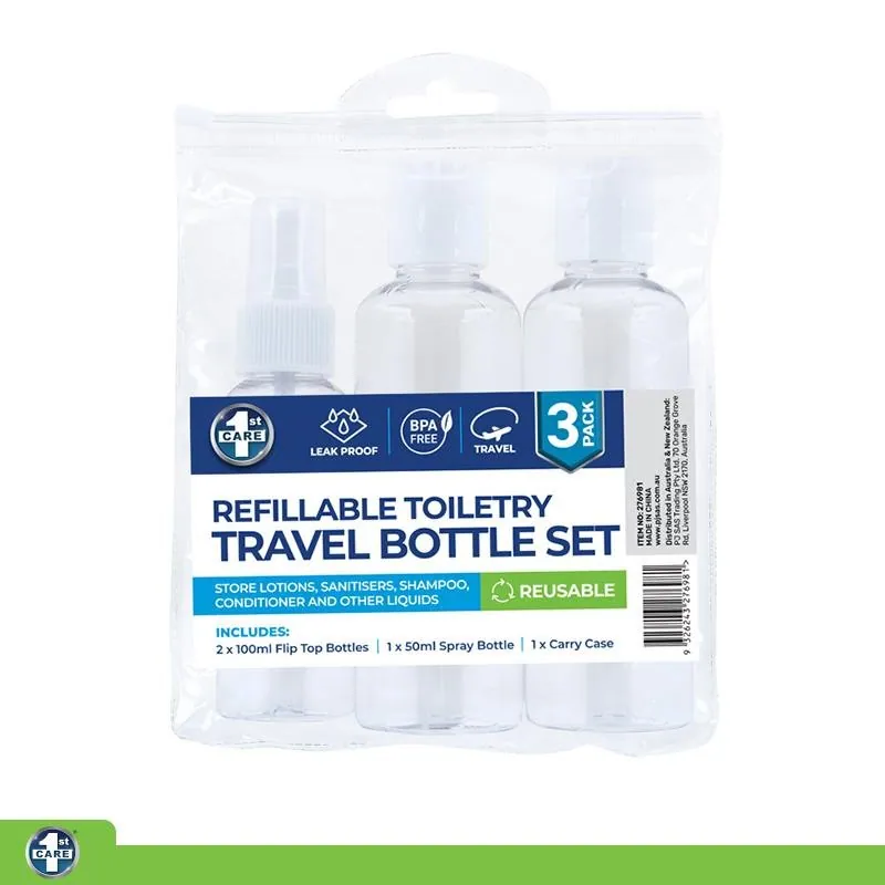 Refillable Toiletry Travel Bottle Set 3pc with Clear Resealable PVC Bag - Includes: 2x 100ml Flip Top, 1x 50ml Spray Bottle, Carry Bag – image 4