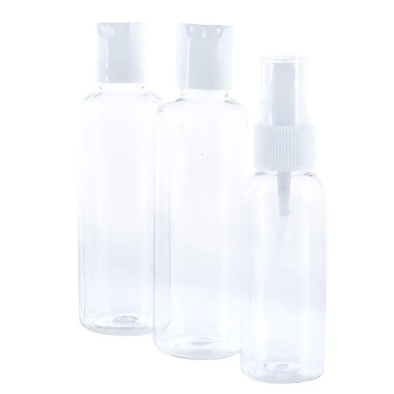 Refillable Toiletry Travel Bottle Set 3pc with Clear Resealable PVC Bag - Includes: 2x 100ml Flip Top, 1x 50ml Spray Bottle, Carry Bag – image 2