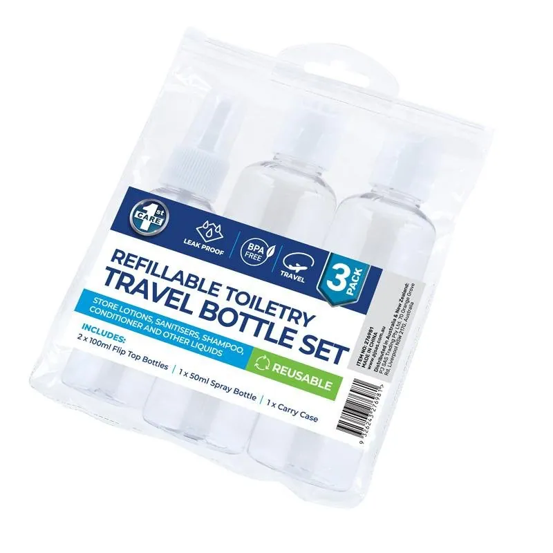Refillable Toiletry Travel Bottle Set 3pc with Clear Resealable PVC Bag - Includes: 2x 100ml Flip Top, 1x 50ml Spray Bottle, Carry Bag – image 3
