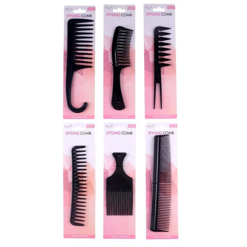 Styling Combs - 6 Assorted Designs Include: Fantail Comb, Detangling Comb, Shower Comb with Hook, Dressing Comb, Pick Comb, Wide Tooth Comb – Black – image 4