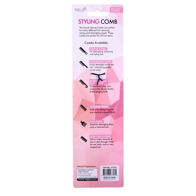Styling Combs - 6 Assorted Designs Include: Fantail Comb, Detangling Comb, Shower Comb with Hook, Dressing Comb, Pick Comb, Wide Tooth Comb – Black – image 3