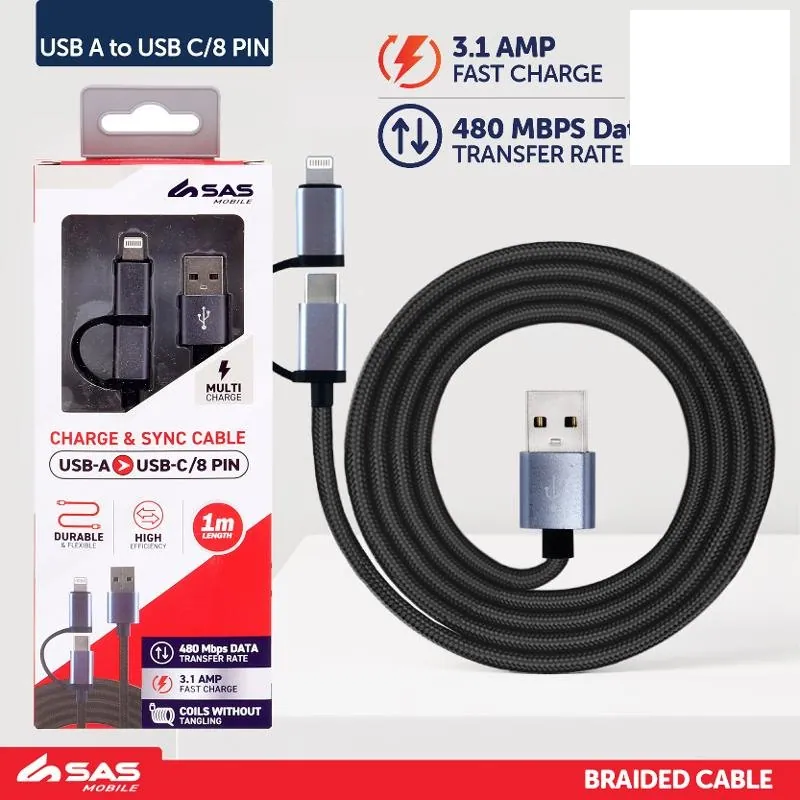 Charge & Sync USB a To USB C & 8-Pin 2-in-1 Polyester Cable - Suitable for iPhone & Android Devices - Grey - 1 Metre – image 3