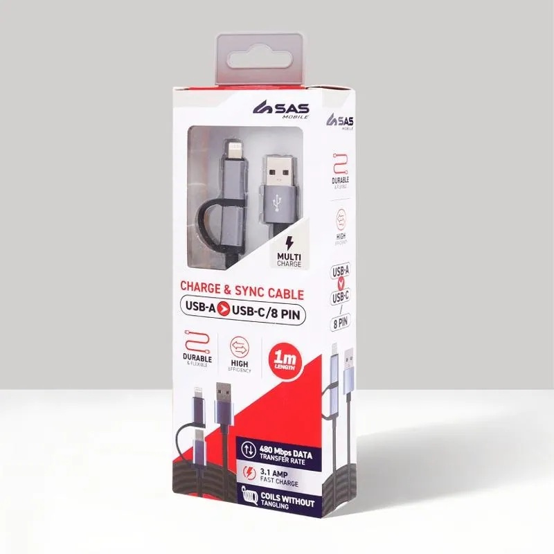 Charge & Sync USB a To USB C & 8-Pin 2-in-1 Polyester Cable - Suitable for iPhone & Android Devices - Grey - 1 Metre – image 2
