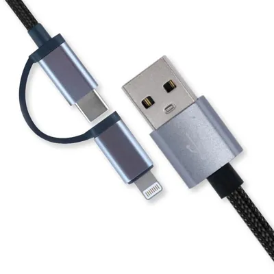 Charge & Sync USB a To USB C & 8-Pin 2-in-1 Polyester Cable - Suitable for iPhone & Android Devices - Grey - 1 Metre
