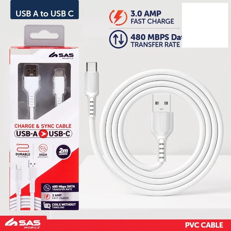 Charge & Sync USB a To Type C PVC Cable - White - 2 Metre – image 3