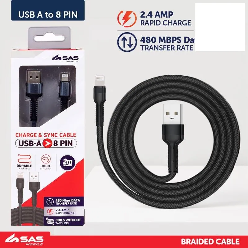 Charge & Sync USB a To 8 Pin Polyester Cable - Suitable for iPhone Devices - Grey & Black Assorted - 2 Metre – image 3