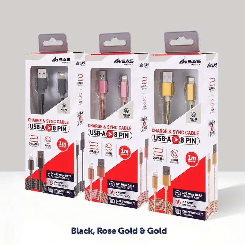 Charge & Sync USB a To 8 Pin Metal Cable - Suitable for iPhone Devices - Black, Rose Gold & Gold Assorted - 1 Metre – image 2