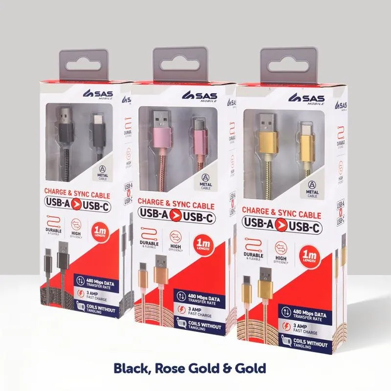 Charge & Sync USB a To Type C Metal Cable - Black, Pink & Gold Assorted - 1 Metre – image 2