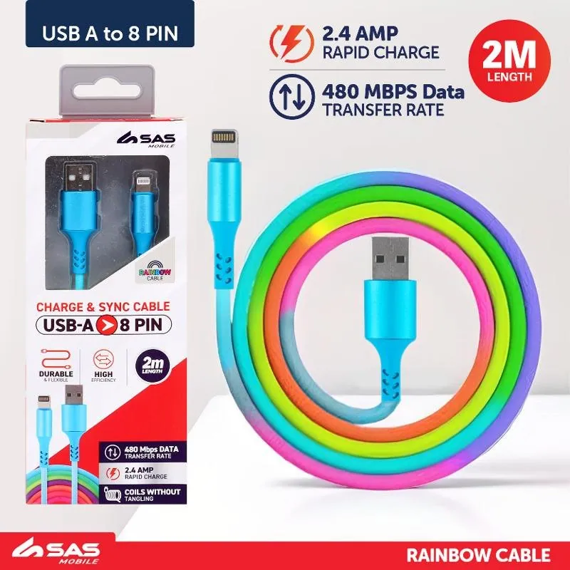 Charge & Sync USB a To 8 Pin Rainbow Polyester Cable - Suitable for iPhone Devices- 2 Metre – image 3