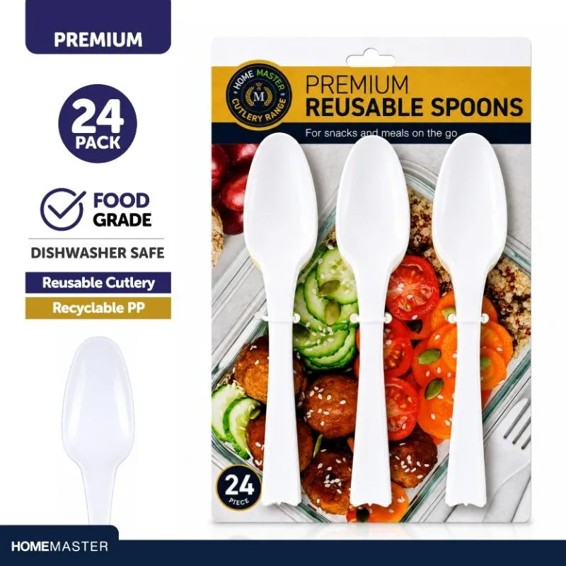 Premium Reusable Plastic Spoons 24pk - 18cm - White – image 3