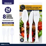 Premium Reusable Plastic Cutlery Set Assorted 24pk - 18cm - White – image 3