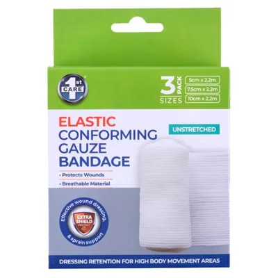 Conforming Gauze Bandages Non-Adhesive 3pk - Sizes: 5cm X 2.2m, 7.5cm X 2.2m, 10cm X 2.2m (4.5m Stretched)