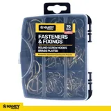 Fasteners & Fixings in Storage Case Round Screw Hooks Brass Plated Assorted Sizes 70pc – image 4