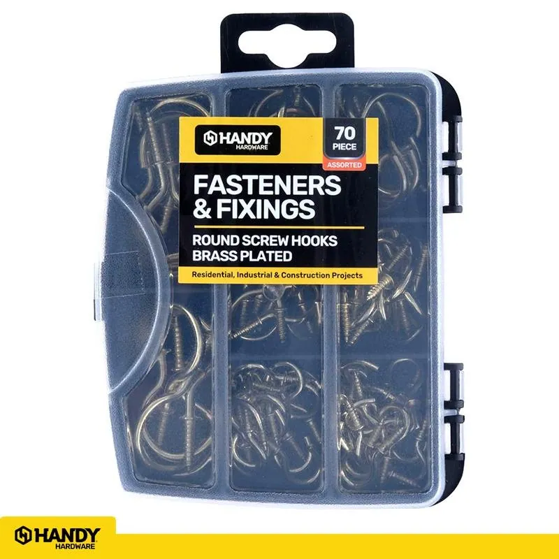 Fasteners & Fixings in Storage Case Round Screw Hooks Brass Plated Assorted Sizes 70pc – image 4