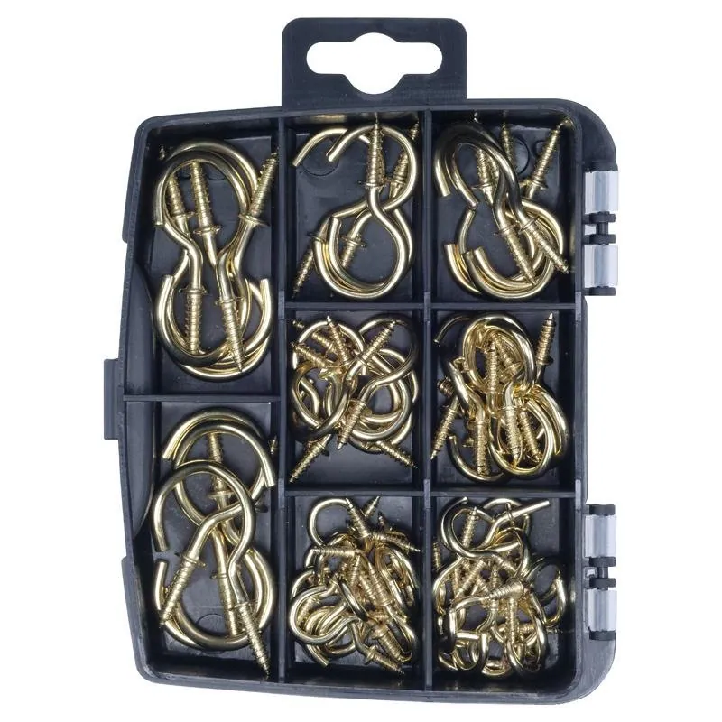 Fasteners & Fixings in Storage Case Round Screw Hooks Brass Plated Assorted Sizes 70pc – image 2