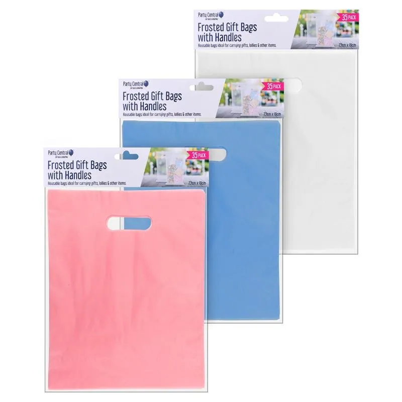Frosted Gift Bags with Handle 23cm X 19cm 35pk Clear, Pink, Blue – Plastic – image 4