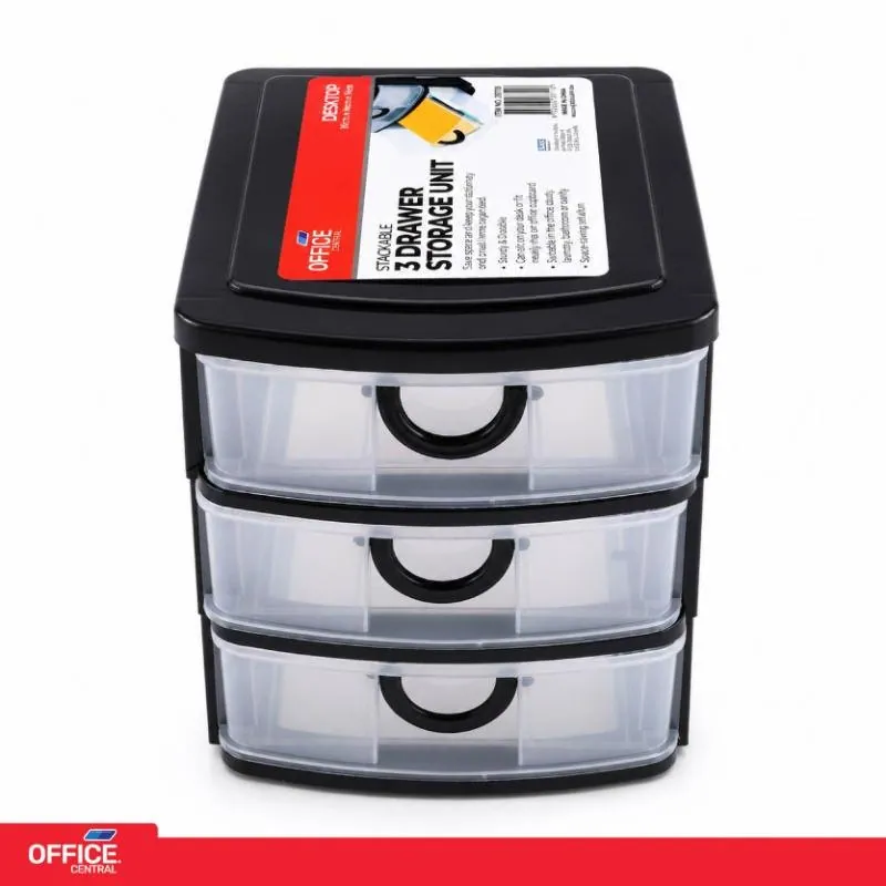 Desktop Storage Plastic 3 Drawer Storage Unit Black with Transparent Front - Medium (19cm X 14cm X 16cm) – image 4