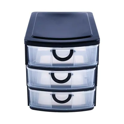 Desktop Storage Plastic 3 Drawer Storage Unit Black with Transparent Front - Medium (19cm X 14cm X 16cm)