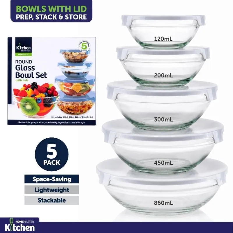 Container Set Glass Round Bowl with Lid 5pc - 120ml, 200ml, 300ml, 450ml, 860ml – image 2