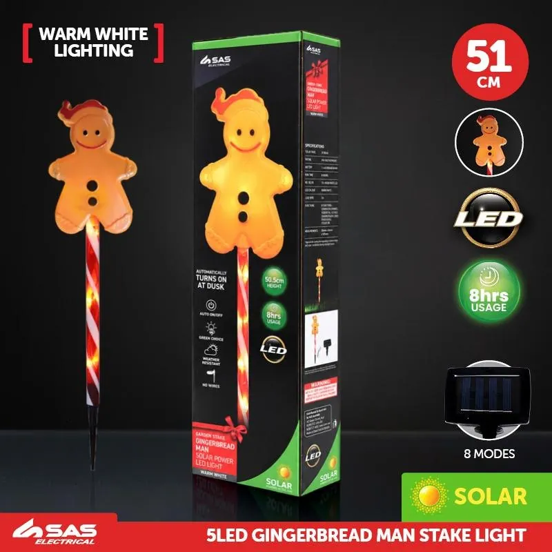 Christmas Stake Light Solar Gingerbread Man with Candy Striped Pole 5LED 9.5cm X 14cm X 51cm Warm White 8 Functions – image 4
