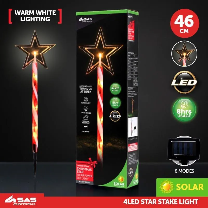 Christmas Stake Light Solar Star with Candy Striped Pole 5LED 12cm X 12cm X 46cm Warm White 8 Functions – image 4