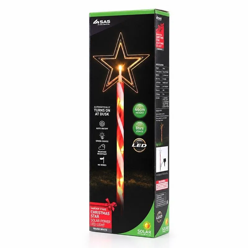 Christmas Stake Light Solar Star with Candy Striped Pole 5LED 12cm X 12cm X 46cm Warm White 8 Functions – image 3