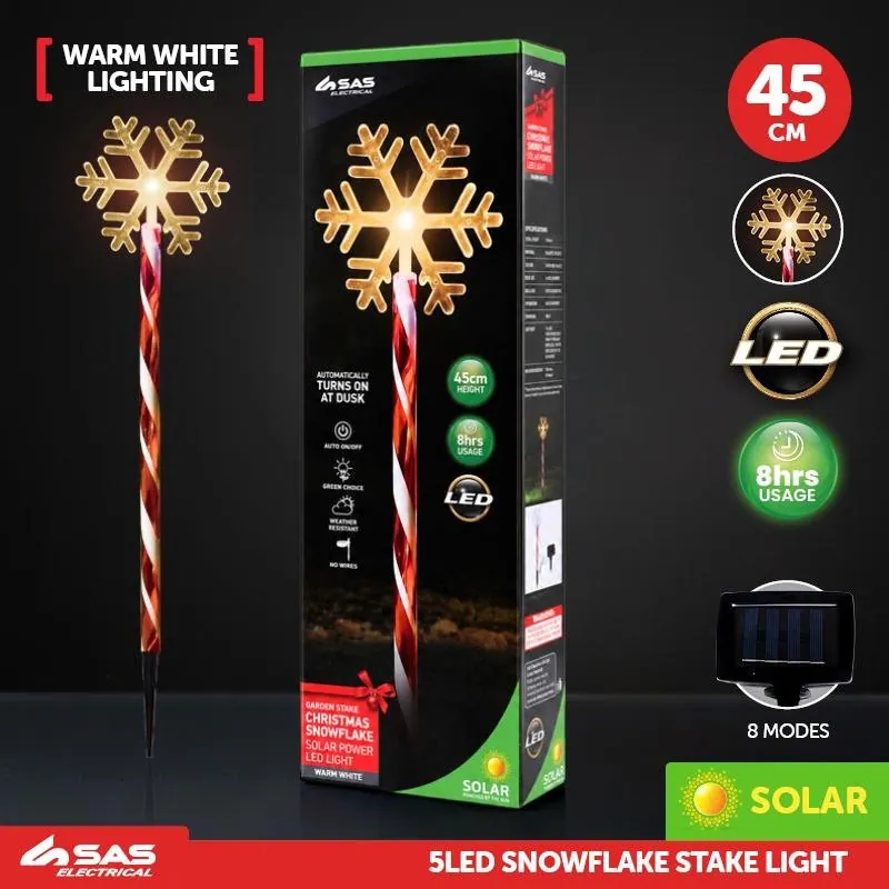 Christmas Stake Light Solar Snowflake with Candy Striped Pole 5LED 12cm X 10.5cm X 45cm Warm White 8 Functions – image 4