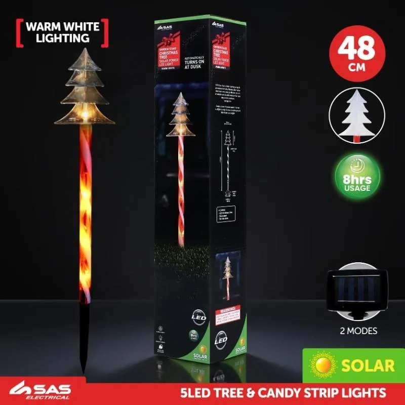 Stake Light Solar Christmas Tree with Candy Striped Pole 5LED 110mm X 90mm X 48cm Warm White 2 Functions – image 4