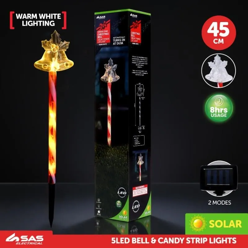 Stake Light Solar Christmas Bell with Candy Striped Pole 5LED 8.5cm X 8.8cm X 45cm Warm White 2 Functions – image 4