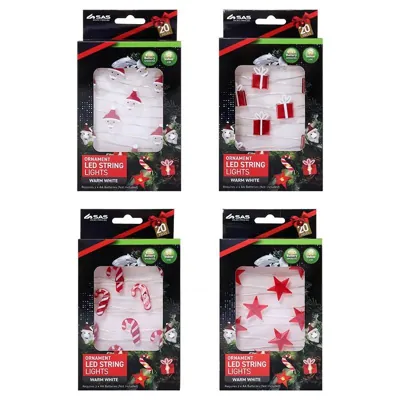 Christmas Fairy String Light Battery Operated Premium Ornament Series Two 20LED 2.3m Total Length Warm White Copper Wire 1 Function Santa Head, Candy Cane & Present Requires