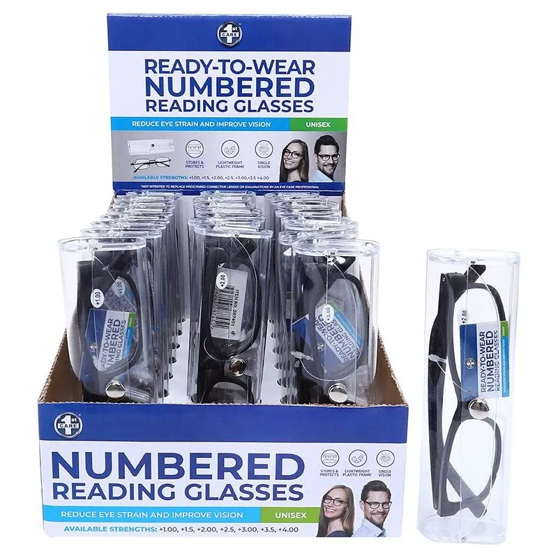 Reading Glasses Numbered with Case – Plastic Frame – Assorted Available Strengths +1 (2pc) +1.5 (4pc), +2 (5pc), +2.5 (5pc), +3 (4pc), +3.5 (2pc), +4 (2pc) – image 4