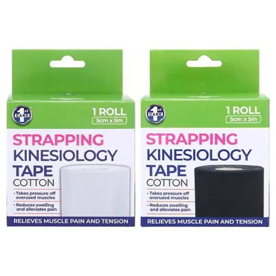 Tape Kinesiology Water-Resistant 5cm X 5m - Assorted Black, White