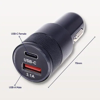 Charger Dual Port Car Adaptor Usb-a & Usb-c with Light Up Function Black