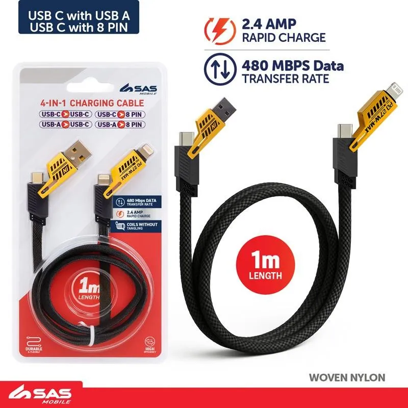 Charge & Sync Universal 4in1 Cable 1m Yellow & Black - Combinations Include: Usb-a To Usb-c, Usb-a To 8-Pin (Lightning), Usb-c To Usb-c, Usb-c To 8-Pin (Lightning) Suitable for Iphone & Android Devices – image 3