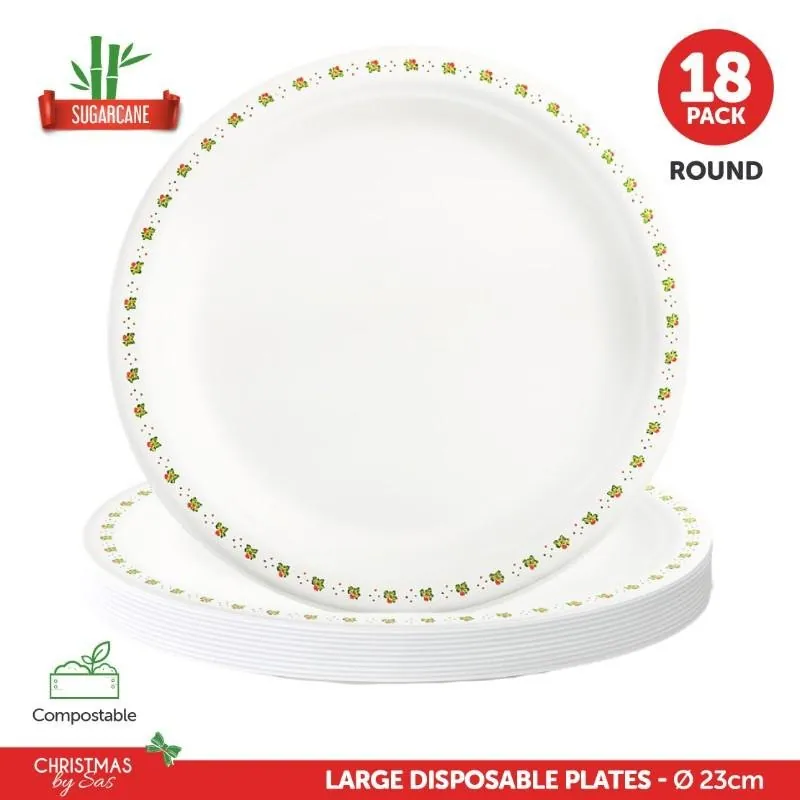 Sugarcane Bagasse Christmas Round Plates Large 18pk Ø23cm Holly Print – image 4