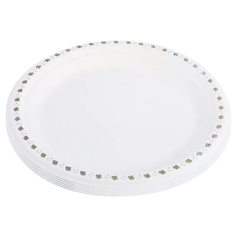 Sugarcane Bagasse Christmas Round Plates Large 18pk Ø23cm Holly Print – image 3