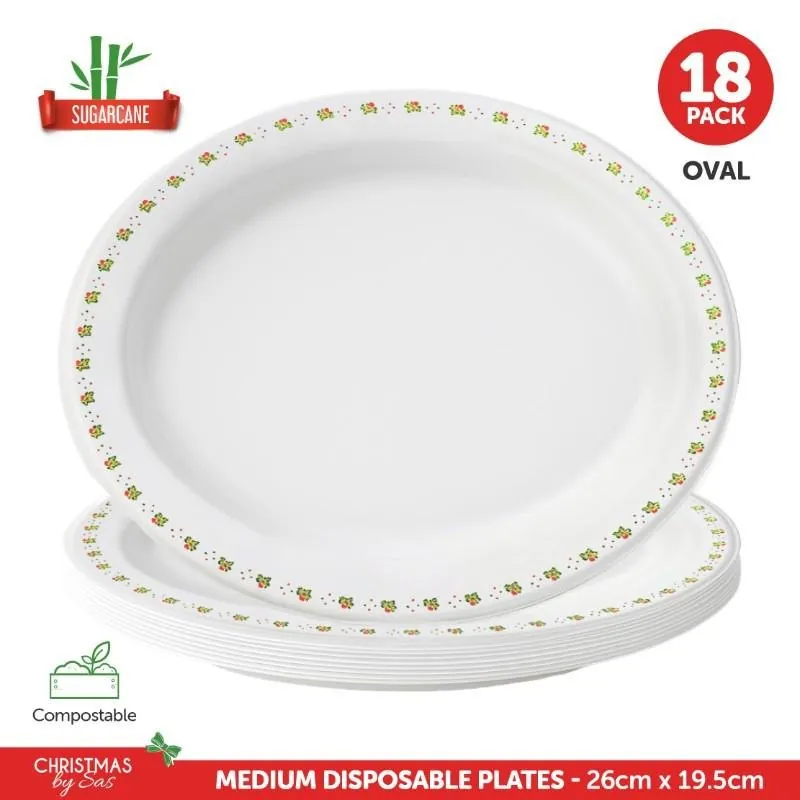 Sugarcane Bagasse Christmas Oval Plates 18pk 26cm X 19.5cm Holly Print – image 4