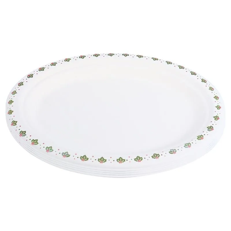 Sugarcane Bagasse Christmas Oval Plates 18pk 26cm X 19.5cm Holly Print – image 3