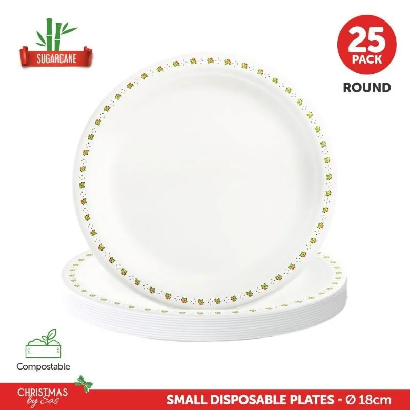 Sugarcane Bagasse Christmas Round Plates Small 25pk Ø18cm Holly Print – image 4