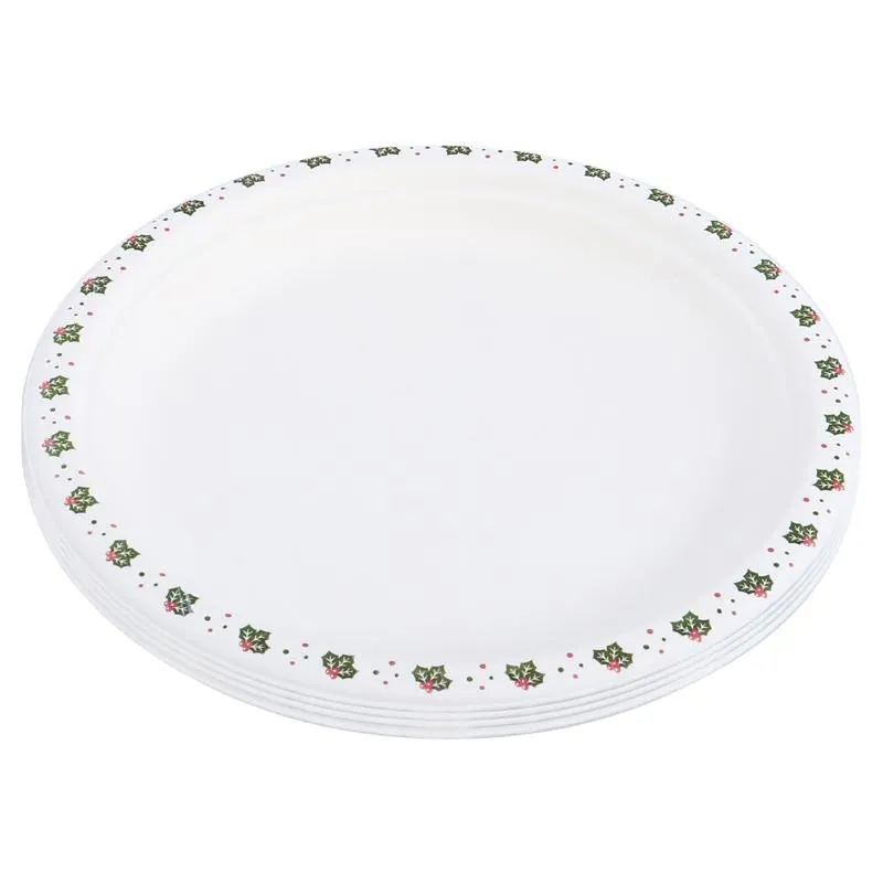Sugarcane Bagasse Christmas Round Plates Small 25pk Ø18cm Holly Print – image 3