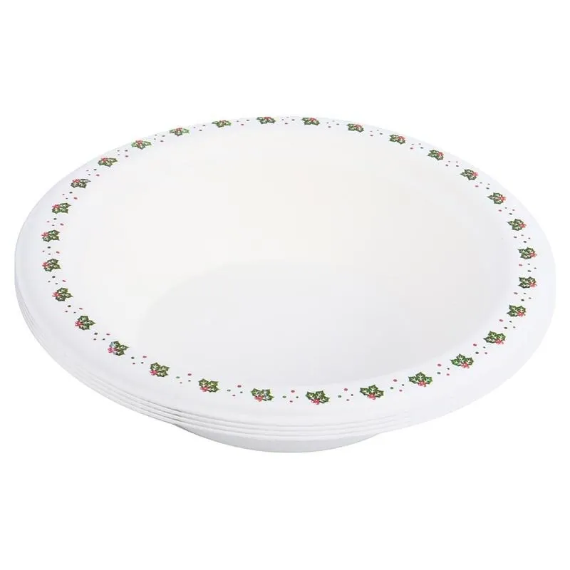 Sugarcane Bagasse Christmas Round Bowls 20pk 350ml Holly Print – image 3