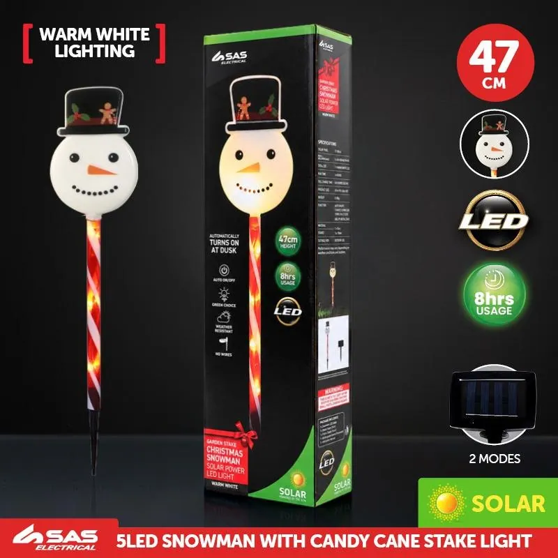 Stake Light Solar Christmas Snowman with Candy Stripe Stake 5LED 11cm X 7.5cm X 47cm Warm White 8 Functions – image 4