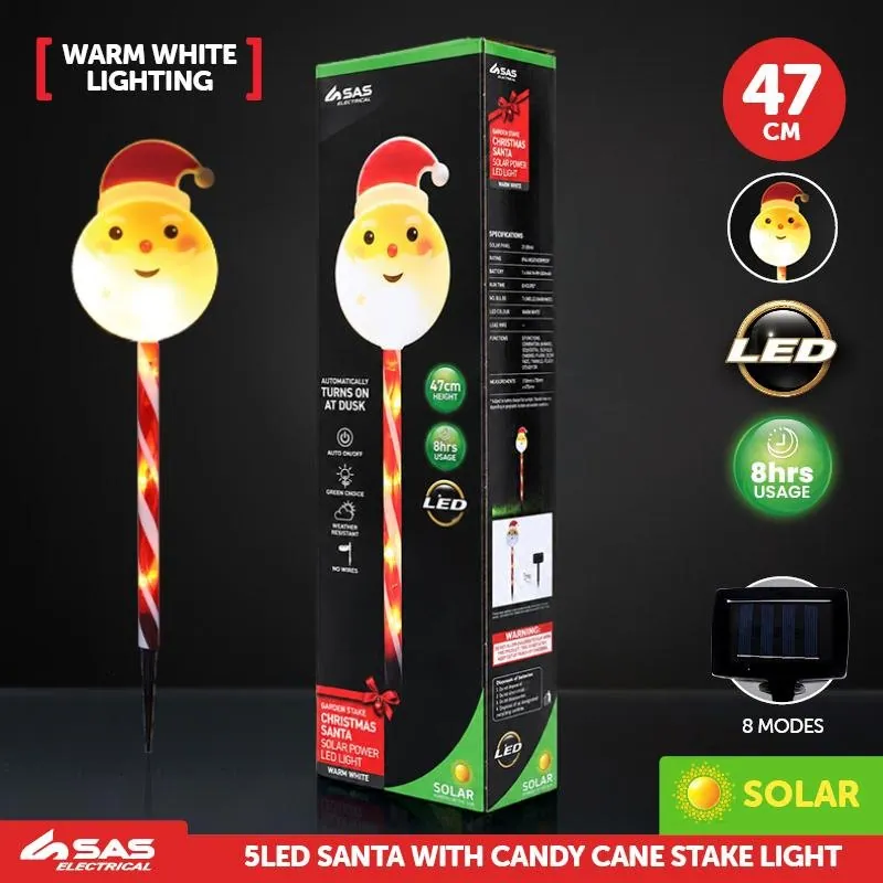 Stake Light Solar Christmas Santa Head with Candy Stripe Stake 5LED 11cm X 8cm X 47cm Warm White 8 Functions – image 4