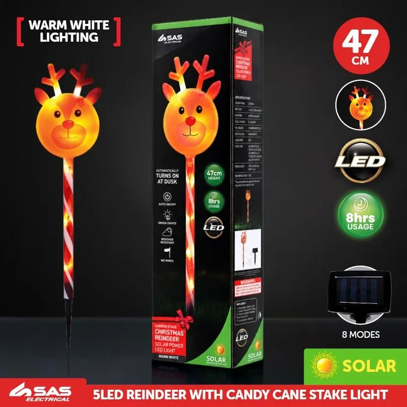 Stake Light Solar Christmas Reindeer with Candy Stripe Stake 5LED 11cm X 7.5cm X 47cm Warm White 8 Functions – image 4