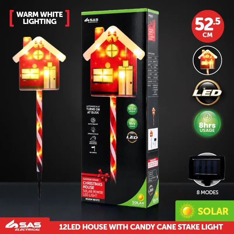 Stake Light Solar Christmas House with Candy Stripe Stake 12LED 15.5cm X 16cm X 52.5cm Warm White 8 Functions – image 4