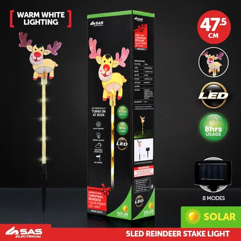 Christmas Stake Light Solar Reindeer Coloured 5LED 10cm X 11cm X 47.5cm Warm White 8 Functions – image 4